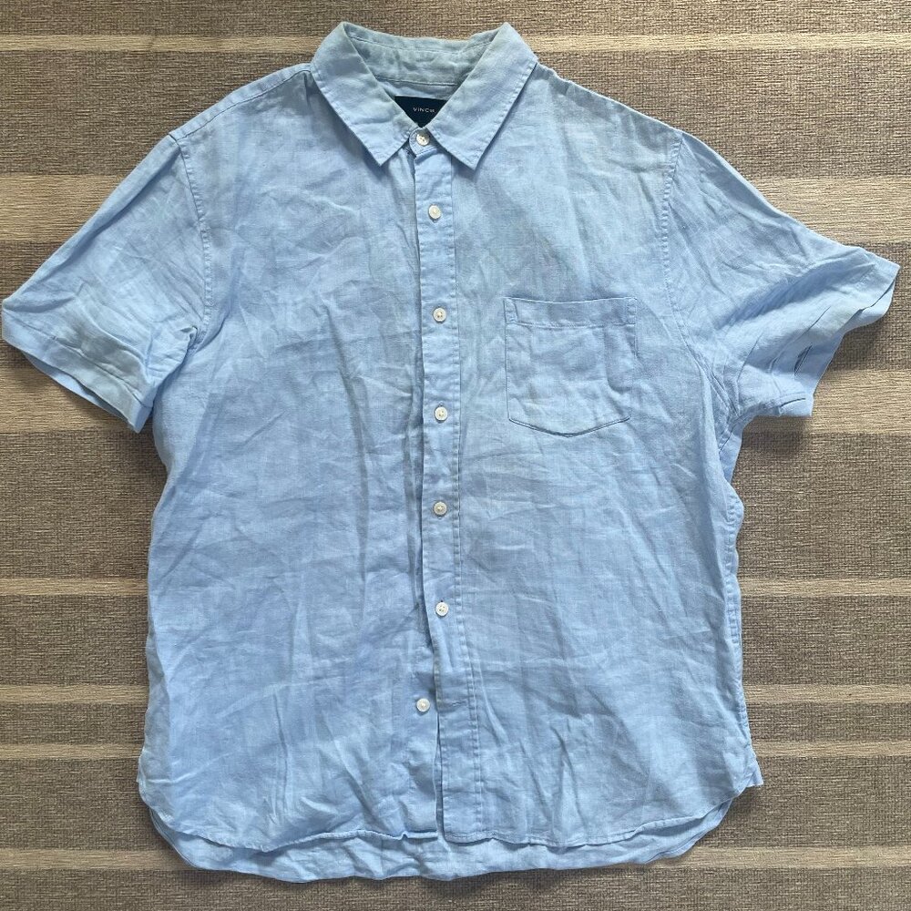 Vince Mens Medium Classic Fit Shirt Light Blue 100% Linen Short Sleeve Button Up